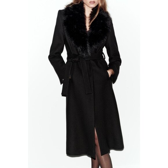 ZARA WOOL COAT WITH FAUX FUR COLLAR AND BELT - Picture 3 of 9